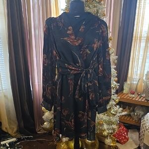 Express Black and Brown Floral Long Sleeve Dress